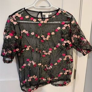 Floral Embroidered Sheer Black Top
